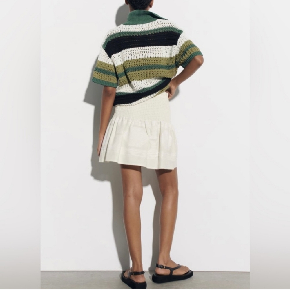 NWOT Zara Linen Blend Tribal Smocked Flare Skirt, Strapless Top Swim Cover M - Picture 6 of 13